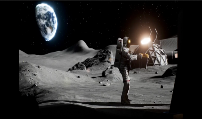 An astronaut walks on the moon inside the Alice Space virtual reality experience by Noitom.